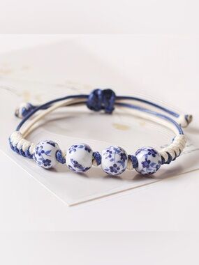 Blue Floral Ceramic Bead Bracelet - Women Jewelry